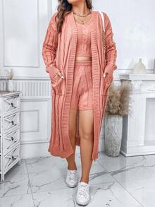 Calvaya Plus Cable Knit Drop Shoulder Cardigan & Knit Top & Knit Shorts - Dusty Pink - View 3