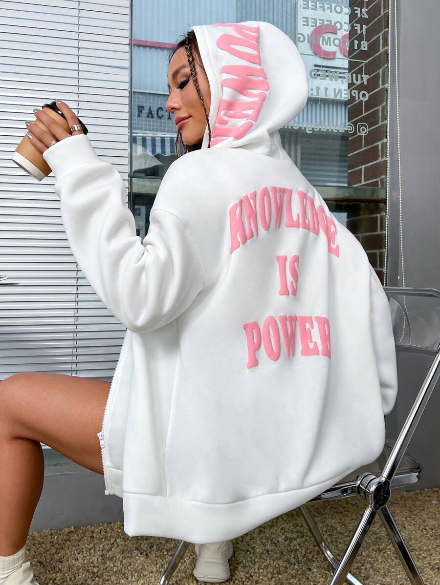 SHEIN Unity 女式休闲字母图案宽松拉链连帽运动衫，秋季 - 白色 - 查看 1
