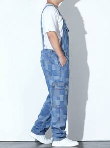 Manfinity Homme 男士大码色塊拼接圖案翻蓋口袋牛仔背帶褲不帶T恤 - 彩色 - 查看 7