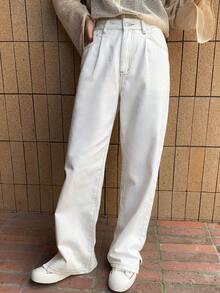 FRIFUL Jeans de pierna recta unicolor con bolsillo oblicuo - Blanco - Ver 7