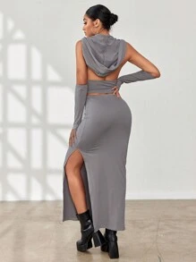 SHEIN Unity Women's Fashionable Solid Color Hooded Top & Mini Skir2 Piecesce Set - Grey - View 2