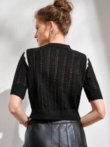 Anewsta Solid Pointelle Knit Top - Black - View 2