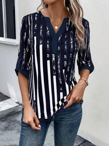 EMERY ROSE Striped Print Notched Neckline Blouse - Navy Blue - View 5