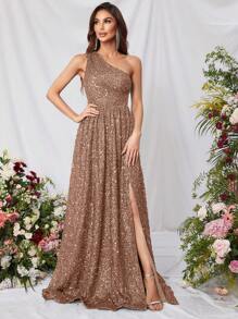Faeriesty 女士优雅闪亮亮片单肩开衩连衣裙，搭配戏剧性超长裙摆 | 适合盛大晚宴、婚礼或正式晚宴的奢华晚装，夏季度假必备 - 香檳色 - 查看 6