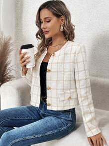 SHEIN Clasi Plaid Print Button Front Jacket - Beige - View 4
