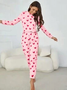 Heart Print Tee & Pants PJ Set / Pajama Set, Fall Clothes Cozy And Elegant Details, Winter