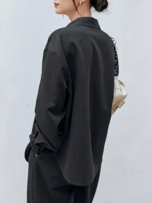 DAZY Solid Button Front Drop Shoulder Shirt & Split Hem Trousers - Black - View 2