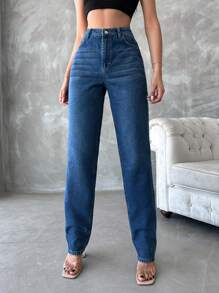 EURMUSE High Waist Straight Leg Jeans - Navy Blue - View 3