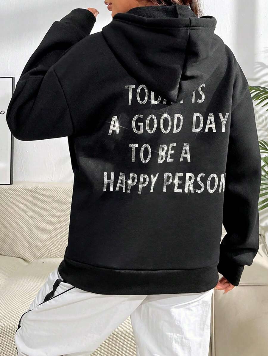 SHEIN Unity Đồ họa Khẩu hiệu Thả vai Dây rút Lót nhiệt Hoodie - màu đen - Xem 1
