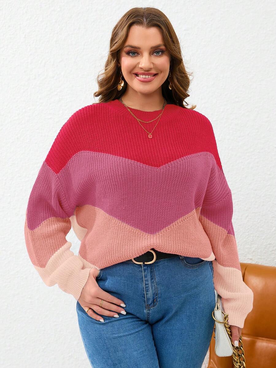 SHEIN Essnce 大碼撞色落肩袖套頭毛衣 - 粉色 - 查看 1