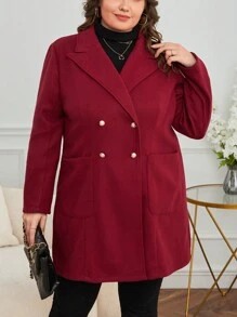 SHEIN Privé 加尖領雙排扣貼袋大衣 - 霧霾藍 - 查看 6