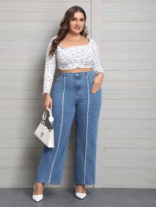 SHEIN Privé Plus High Waist Raw Trim Straight Leg Jeans - Medium Wash - View 3