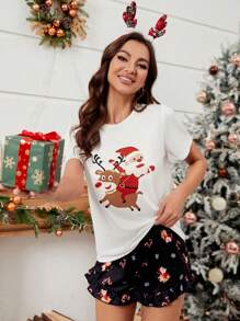 Christmas Print Tee & Ruffle Hem Shorts PJ Set