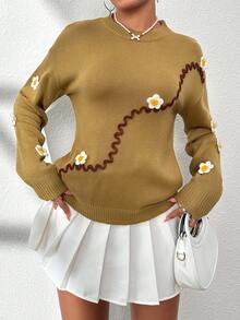 SHEIN Unity 貼花細節落肩袖套頭毛衣 - 卡其色 - 查看 5