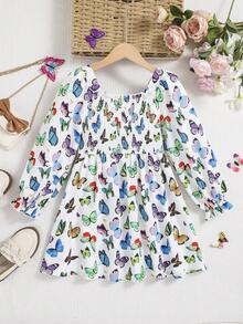 SHEIN Tween Girl Butterfly Print Flare Sleeve Dress