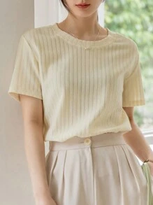 DAZY Gân đan Cổ thuyền viên Áo thun - Màu be - Xem 5