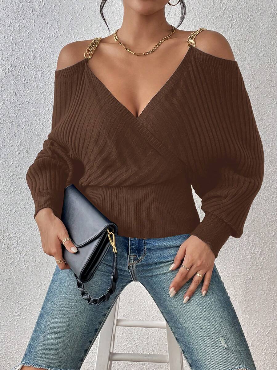 SHEIN Essnce Chain Detail Cold Shoulder Batwing Sleeve Sweater - Brown - View 1