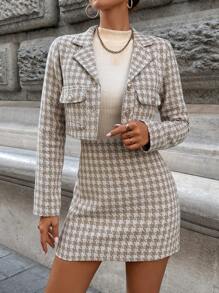 EURMUSE In Houndstooth Cổ áo Crop Blazer & Váy - Hồng - Xem 6
