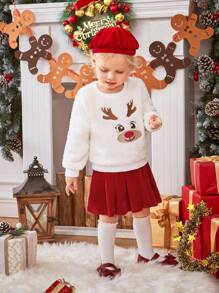 SHEIN Đứa bé gái Nai sừng tấm Giáng sinh Thêu Teddy Áo nỉ & Chân Váy xếp ly & Mũ - trắng - Xem 1