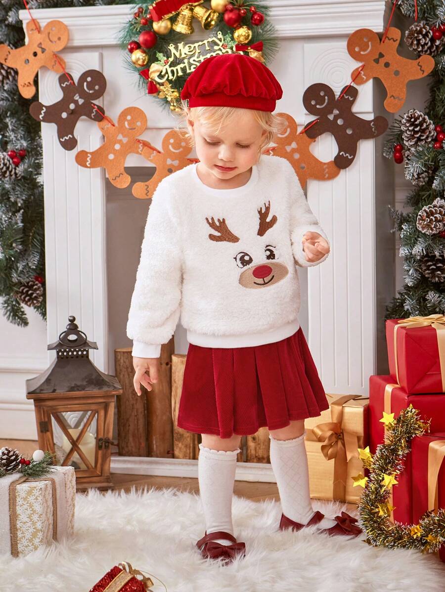 SHEIN Đứa bé gái Nai sừng tấm Giáng sinh Thêu Teddy Áo nỉ & Chân Váy xếp ly & Mũ - trắng - Xem 1