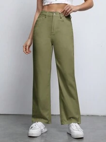 Muchica Solid Straight Leg Pants - Army Green - View 5