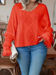 Calvaya 加绒流苏饰边落肩麻花针织套头衫秋冬毛衣 - 珊瑚橙 - 查看 4