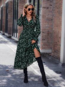 SHEIN LUNE 滿版印花喇叭袖交疊領腰部打褶繫腰帶洋裝 - 綠色 - 查看 4