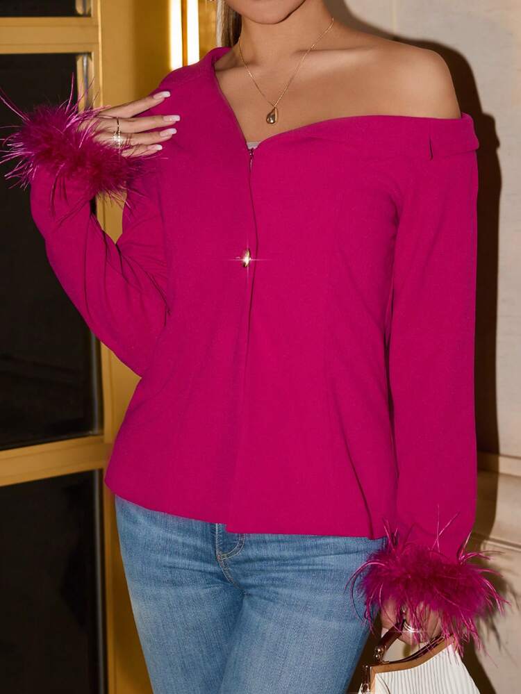 Asymmetrical Neck Fuzzy Cuff Button Front Blazer Fall Cloth For Women