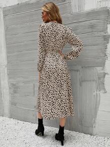 SHEIN Clasi 斑點印花燈籠袖側繫帶圍裹式洋裝 - 杏色 - 查看 2