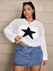 SHEIN EZwear Plus Star Pattern Drop Shoulder Sweater - Black and White - View 5