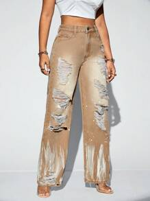SHEIN SXY Graphic Print Ripped Wide Leg Jeans - Brown - View 1