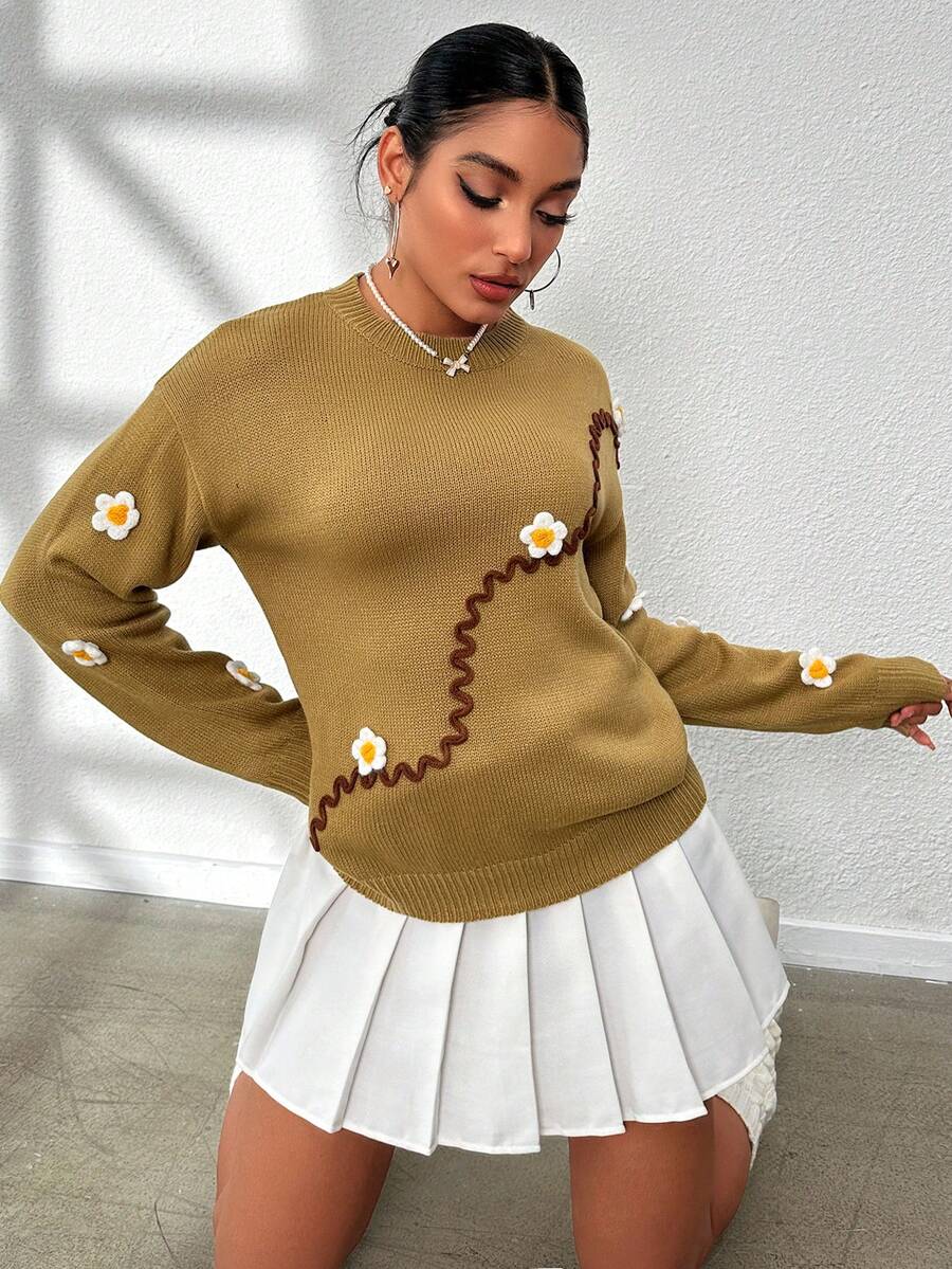 SHEIN Unity 貼花細節落肩袖套頭毛衣 - 卡其色 - 查看 1