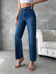 Cottnline High Waist Straight Leg Jeans - 藍色 - 查看 5
