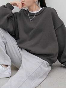 Dazy-Less Drop Shoulder Stitch Detail Pullover Without Tee,Long Sleeve Tops,Fall Clothes Sweatshirt - Dark Grey - View 2