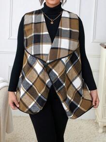 Calvaya Plus Plaid Print Waterfall Collar Vest Jacket - Multicolor - View 4