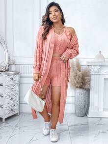 Calvaya Plus Cable Knit Drop Shoulder Cardigan & Knit Top & Knit Shorts - Dusty Pink - View 5