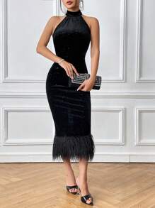 Allurite 毛绒下摆天鹅绒挂脖紧身连衣裙 女式长款服装 - 黑色 - 查看 6