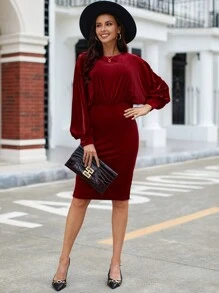 SHEIN Clasi Solid Lantern Sleeve Velvet Fitted Dress - Red - View 4