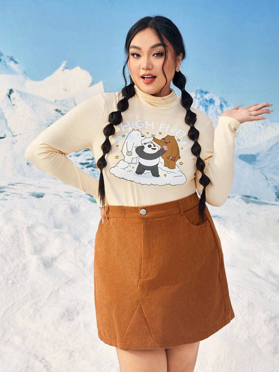 We Bare Bears X SHEIN Hơn Đồ họa Hoạt hình Cổ giả Áo thun - Màu be - Xem 1