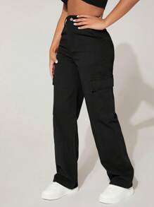 SHEIN PETITE High Waist Flap Pocket Cargo Jeans - Black - View 4