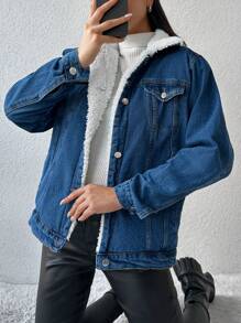 EURMUSE Túi có nắp Lót Teddy Áo khoác denim - Màu xanh lam - Xem 3