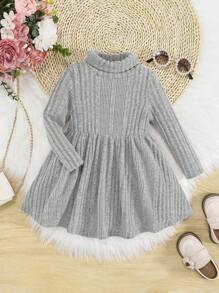 SHEIN Baby Girl Turtleneck Ribbed Knit Flare Hem Dress - Light Grey - View 1