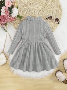 SHEIN Baby Girl Turtleneck Ribbed Knit Flare Hem Dress - Light Grey - View 2
