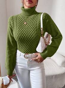 SHEIN Essnce Áo len dệt kim cổ lọ cho mùa thu/đông - màu xanh lá - Xem 3