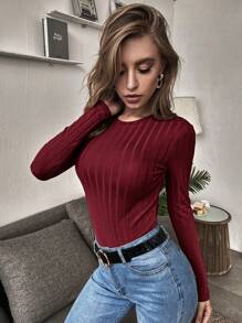 SHEIN Essnce 素色條紋針織T恤 - 酒紅色 - 查看 3