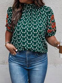 SHEIN LUNE Plus Allover Print Mock Neck Puff Sleeve Blouse - Dark Green - View 3