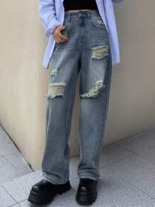 FRIFUL Ripped Straight Leg Jeans - Blue - View 1