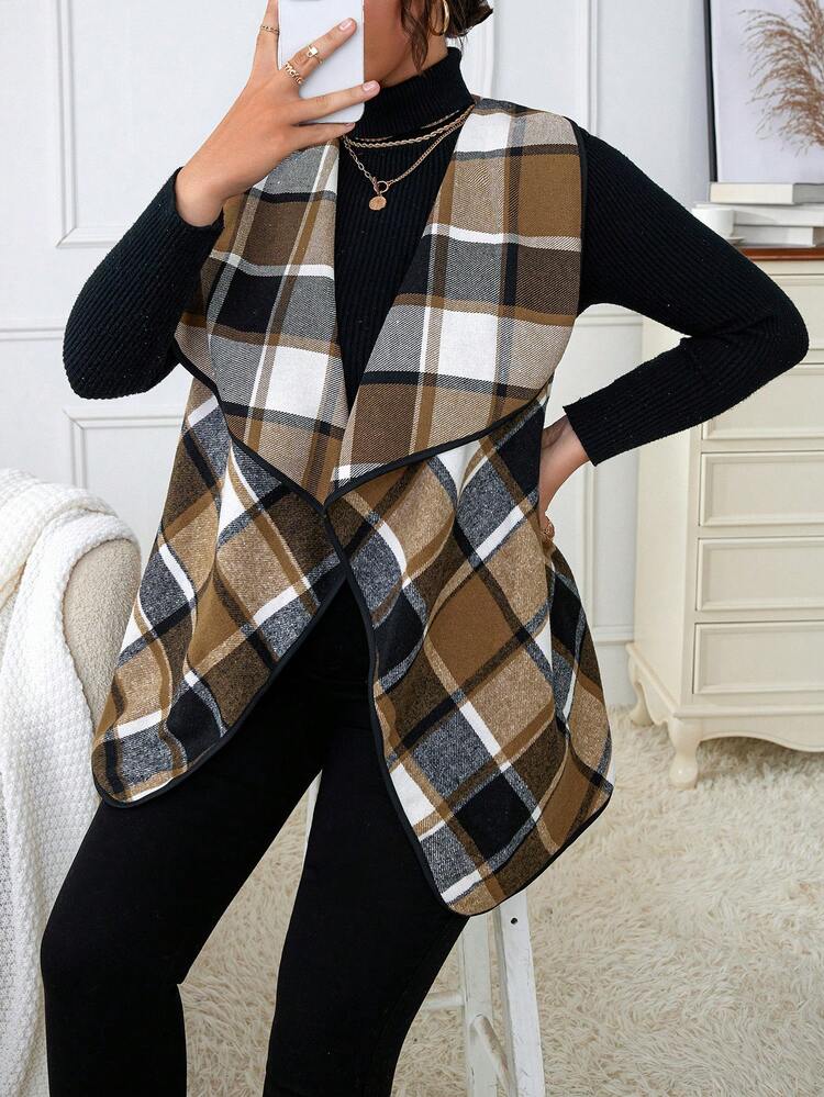 Plus Plaid Print Waterfall Collar Vest Jacket