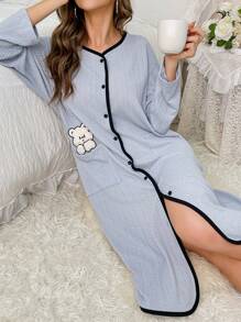 Cartoon Embroidery Contrast Binding Drop Shoulder Robe - Baby Blue - View 1