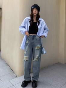 FRIFUL Ripped Straight Leg Jeans - Blue - View 4